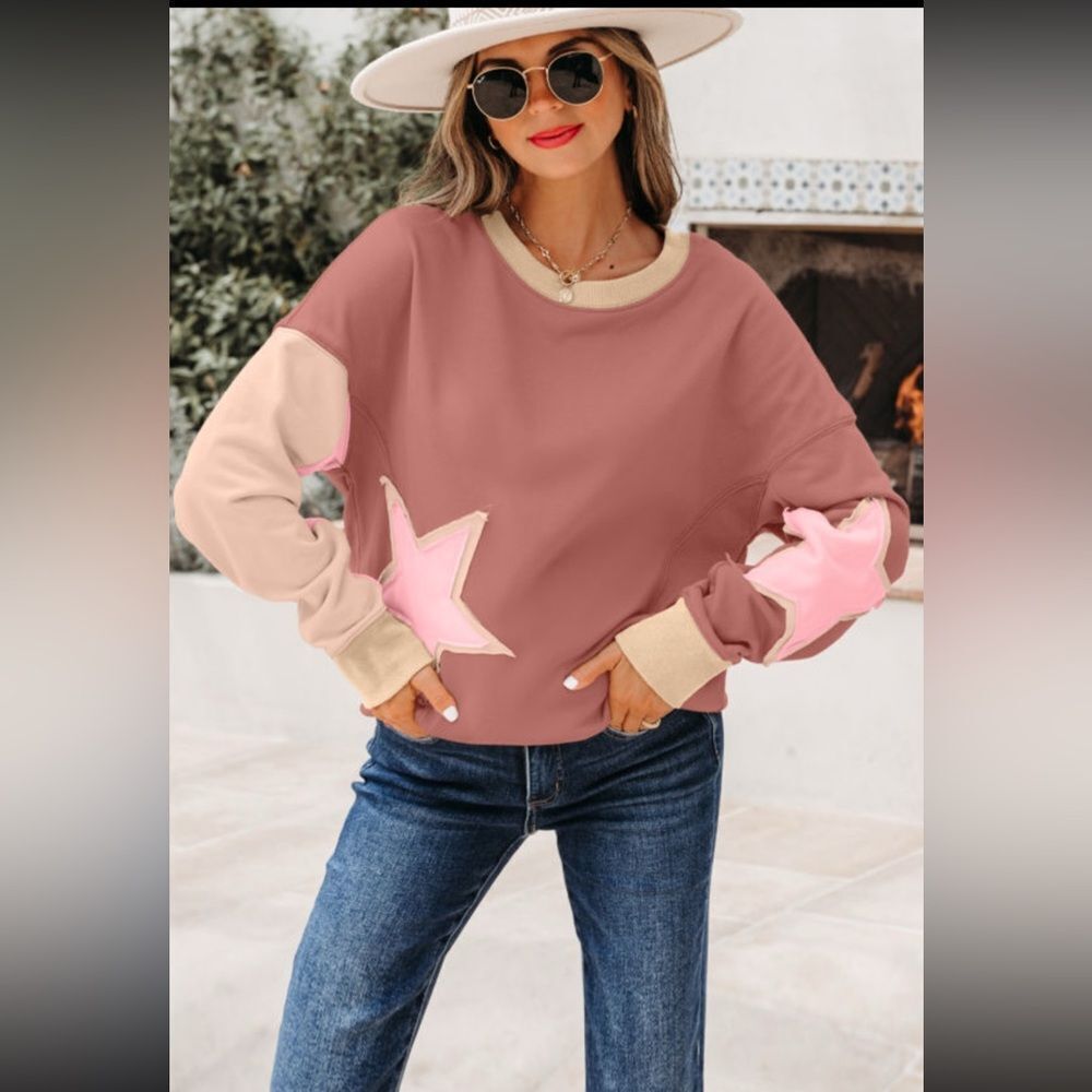 Star Patch Colorblock Sweatshirt - Dusty Rose/Pink